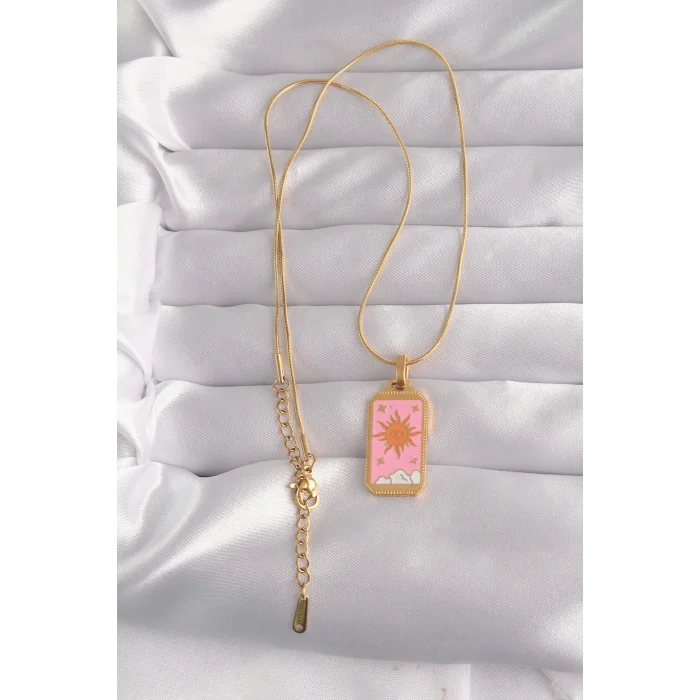 BUĞZ 316L Çelik Gold Renk Pembe Mineli Güneş Model Tarot Kolye - Lisinya