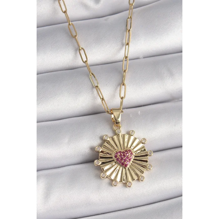 BUĞZ 316L Çelik Gold Renk Pembe Zirkon Taşlı Kalp İşleme Madalyon Model Kadın Kolye