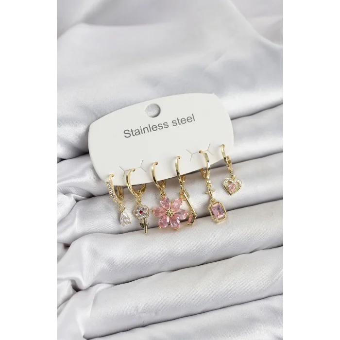 BUĞZ 316L Çelik Gold Renk Pembe Zirkon Taşlı Lotus Detaylı Kadın Küpe Seti