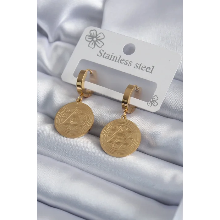 BUĞZ 316L Çelik Gold Renk Pentagram İşleme Model Kadın Küpe