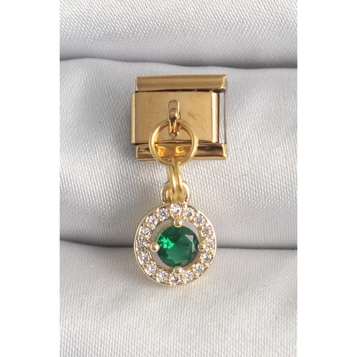 BUĞZ 316L Çelik Gold Renk Sallantı Yeşil Zirkon Taşlı Nomination Charm