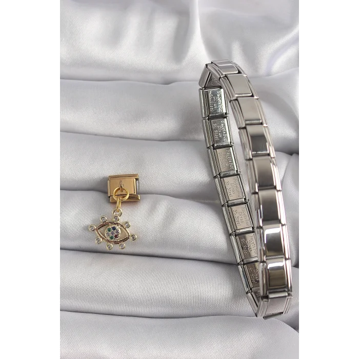 BUĞZ 316L Çelik Gold Renk Sallantı Zirkon Taşlı Göz Model Nomination Charm - Lisinya