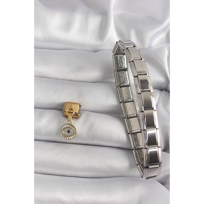 BUĞZ 316L Çelik Gold Renk Sallantı Zirkon Taşlı Göz Model Nomination Charm - Lisinya