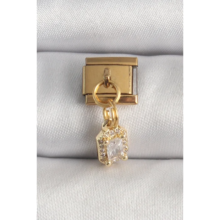 BUĞZ 316L Çelik Gold Renk Sallantı Zirkon Taşlı Kare Model Nomination Charm