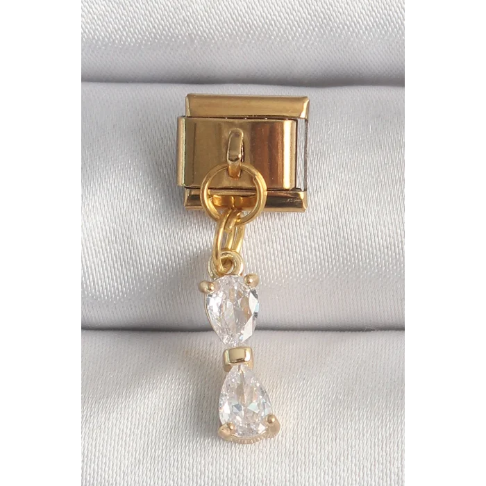 BUĞZ 316L Çelik Gold Renk Sallantı Zirkon Taşlı Kurdele Model Nomination Charm