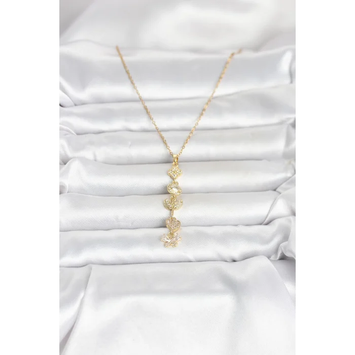 BUĞZ 316L Çelik Gold Renk Şans Kolyesi Y Model Zirkon Taşlı Kadın Kolye - BUĞZ