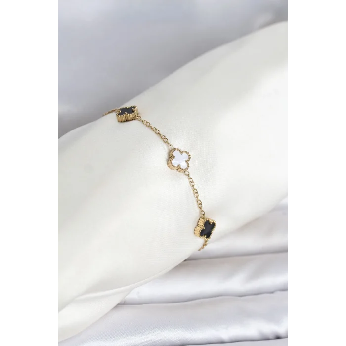 BUĞZ 316L Çelik Gold Renk Siyah Beyaz Baby Yonca Model Kadın Bileklik