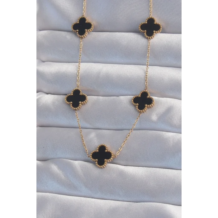 BUĞZ 316L Çelik Gold Renk Siyah Mineli Yonca Kolye