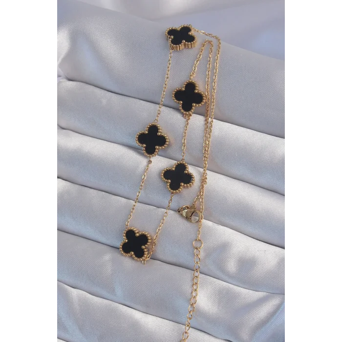 BUĞZ 316L Çelik Gold Renk Siyah Mineli Yonca Kolye