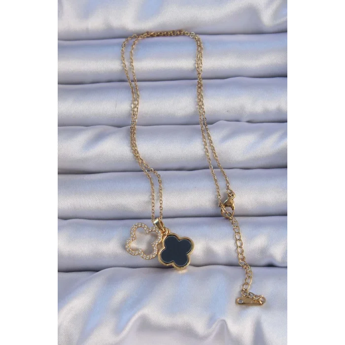 BUĞZ 316L Çelik Gold Renk Siyah Mineli Zirkon Taşlı Yonca Figürlü Kolye