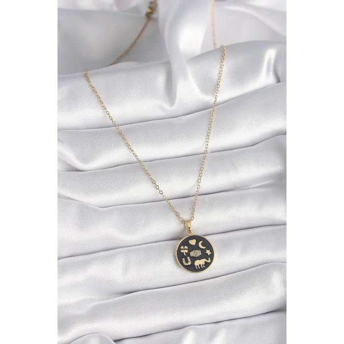 BUĞZ 316L Çelik Gold Renk Siyah Şans Kolyesi