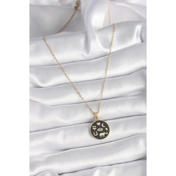 BUĞZ 316L Çelik Gold Renk Siyah Şans Kolyesi - BUĞZ