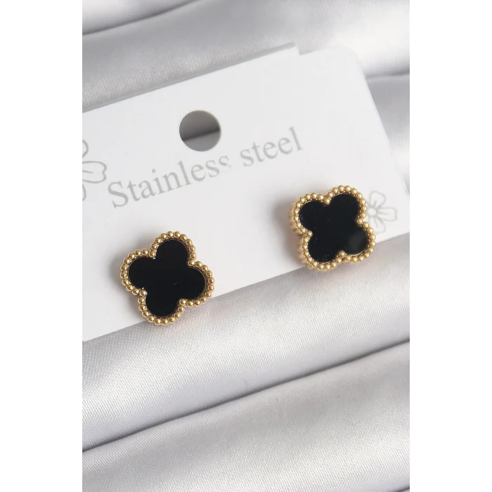 BUĞZ 316L Çelik Gold Renk Siyah Yonca Model Kadın Küpe