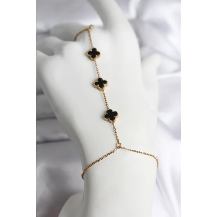 BUĞZ 316L Çelik Gold Renk Siyah Yonca Model Kadın Şahmeran