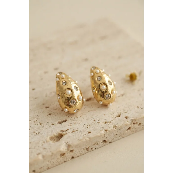 BUĞZ 316L Çelik Gold Renk Taşlı Damla Model Küpe - BUĞZ