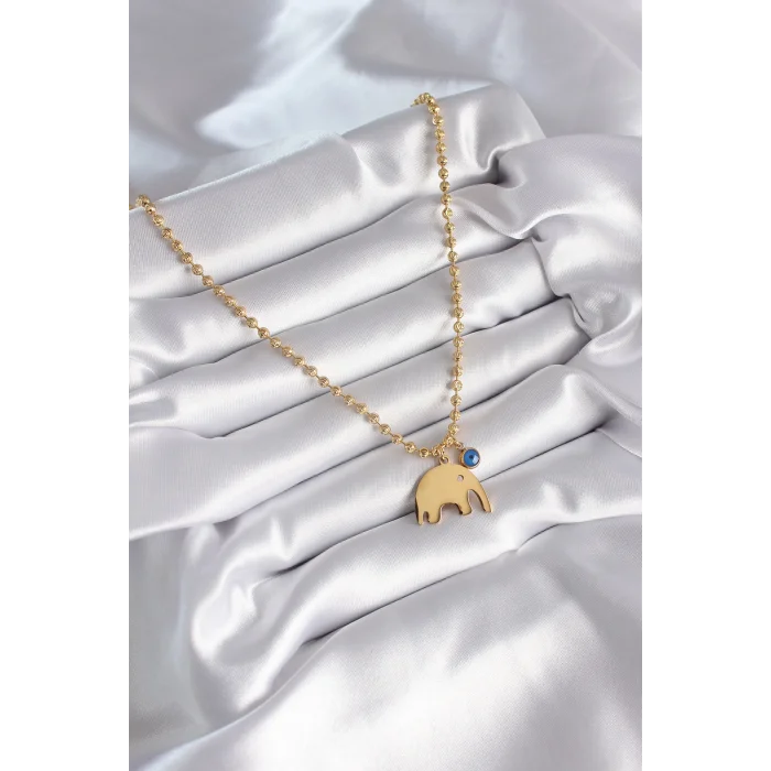 BUĞZ 316L Çelik Gold Renk Top Zincir Model Fil Figür Nazar Boncuk Detay Kadın Kolye - Lisinya
