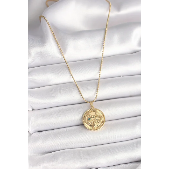 BUĞZ 316L Çelik Gold Renk Topçuk Zincir Yılan İşlemeli Zirkon Taş Detaylı Madalyon Model Kadın Kolye - BUĞZ