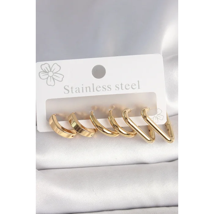 BUĞZ 316L Çelik Gold Renk Üçgen Halka Model Kadın Küpe Seti