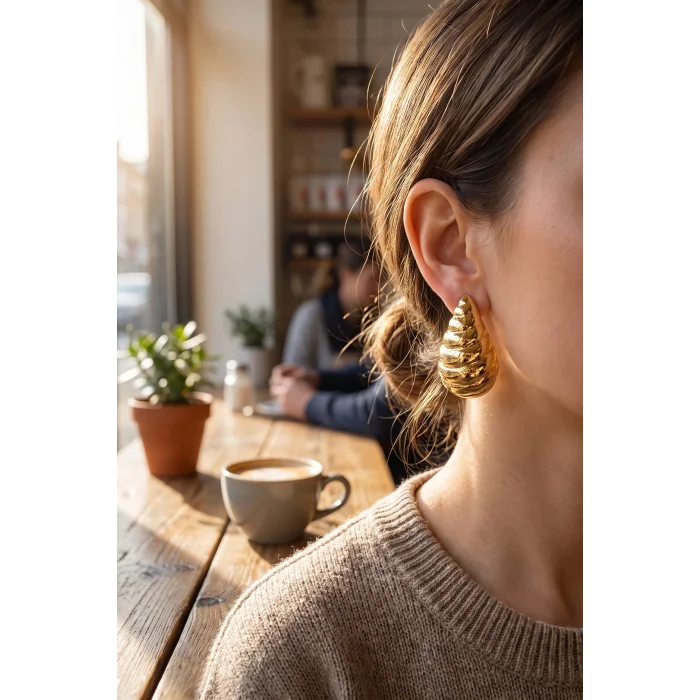 BUĞZ 316L Çelik Gold Renk Vintage Damla Model Küpe - BUĞZ