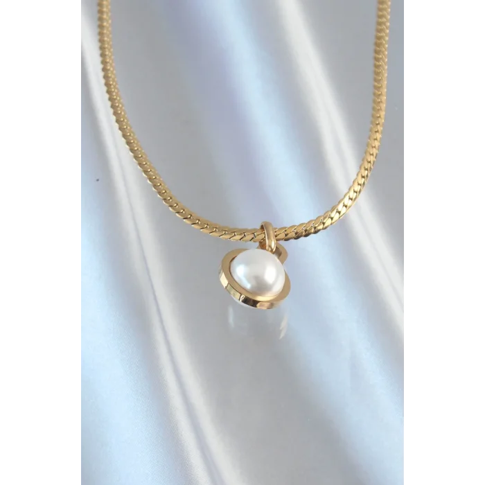 BUĞZ 316L Çelik Gold Renk Yassı Zincir İnci Taşlı Kolye