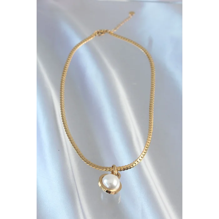 BUĞZ 316L Çelik Gold Renk Yassı Zincir İnci Taşlı Kolye - Lisinya