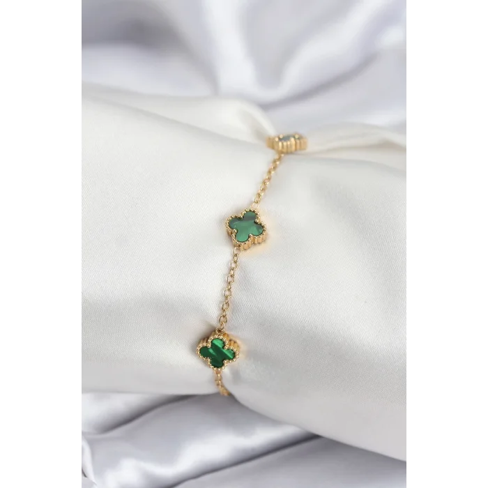 BUĞZ 316L Çelik Gold Renk Yeşil Baby Boy Yonca Kadın Bileklik