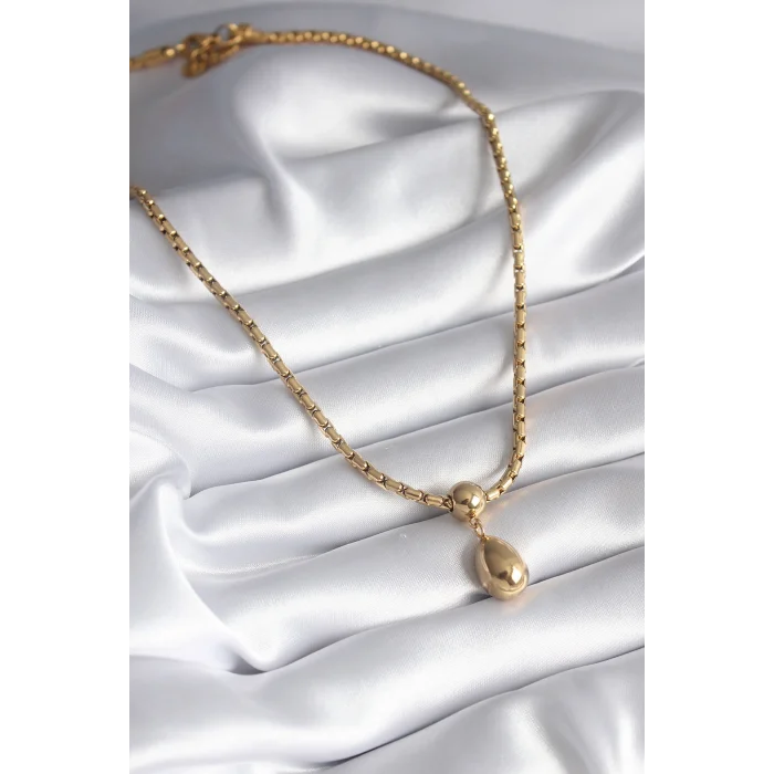 BUĞZ 316L Çelik Gold Renk Yılan Sırtı Zincir Model Damla Sallantı Kadın Kolye - BUĞZ