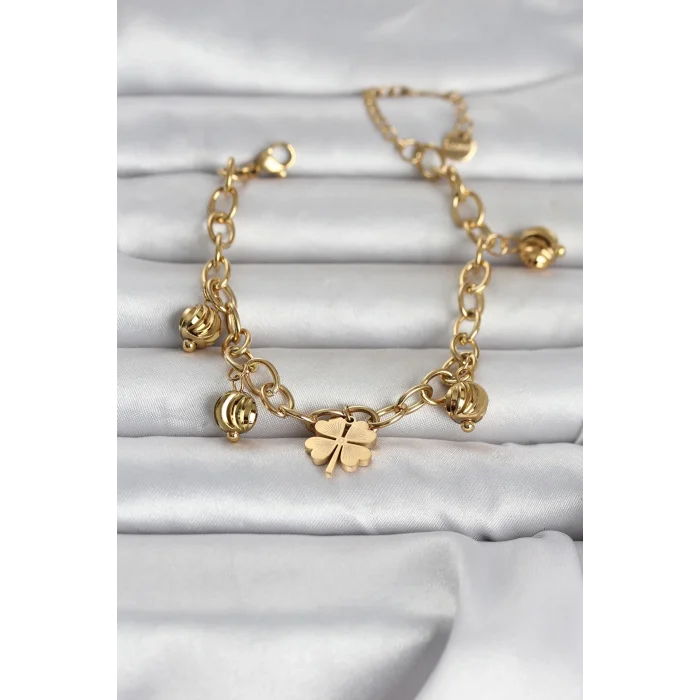 BUĞZ 316L Çelik Gold Renk Yonca ve Dorikalı Kadın Bileklik