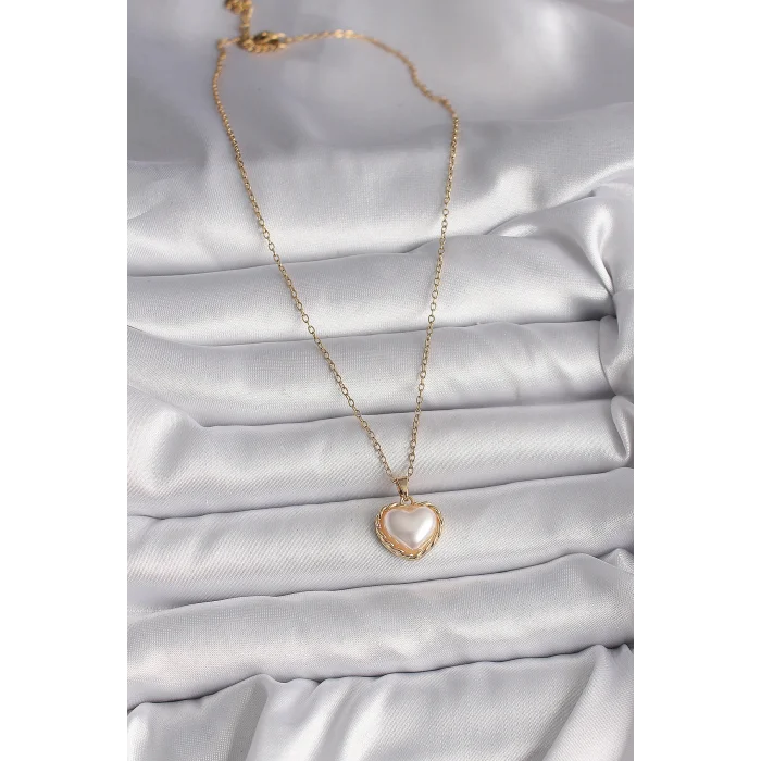BUĞZ 316L Çelik Gold Renk Zincir 3D İnci Kalp Model Kadın Kolye - BUĞZ