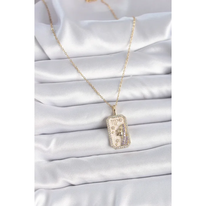 BUĞZ 316L Çelik Gold Renk Zincir Başak Burcu Zirkon Taşlı Kadın Kolye - BUĞZ