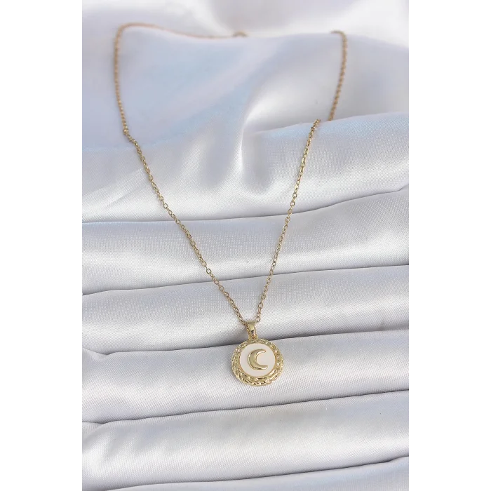 BUĞZ 316L Çelik Gold Renk Zincir Beyaz Mineli Hilal İşlemeli Madalyon Model Kadın Kolye