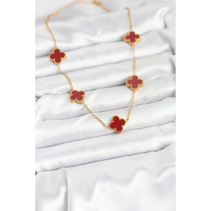 BUĞZ 316L Çelik Gold Renk Zincir Bordo Yonca Kadın Kolye