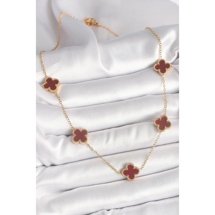 BUĞZ 316L Çelik Gold Renk Zincir Bordo Yonca Model Kadın Kolye