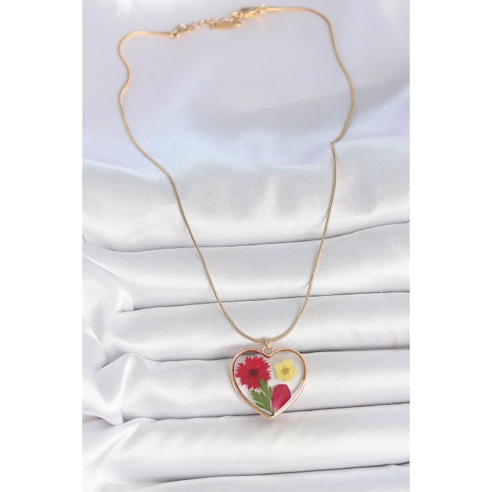 BUĞZ 316L Çelik Gold Renk Zincir Epokis Kalp Doğal Çiçek Model Kadın Kolye