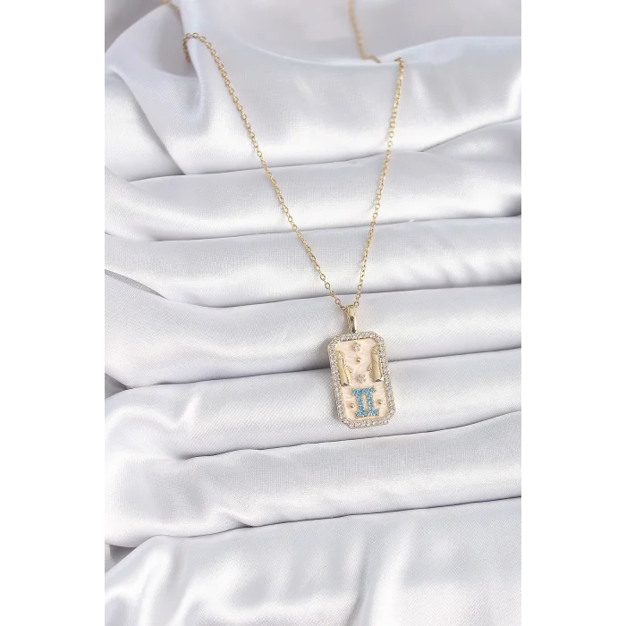 BUĞZ 316L Çelik Gold Renk Zincir İkizler Burcu Zirkon Taşlı Kadın Kolye - BUĞZ