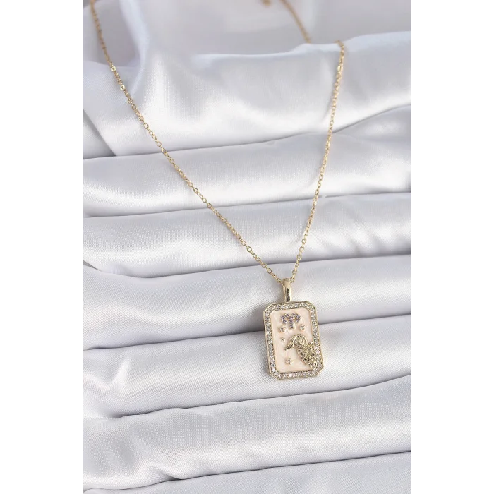 BUĞZ 316L Çelik Gold Renk Zincir Koç Burcu Zirkon Taşlı Kadın Kolye - BUĞZ
