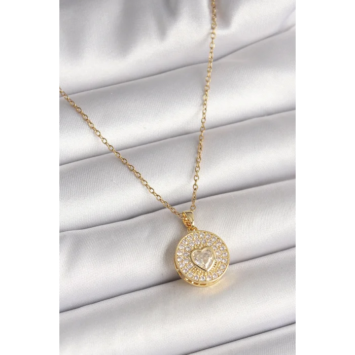 BUĞZ 316L Çelik Gold Renk Zincir Madalyon Zirkon Taşlı Kalp Model Kadın Kolye