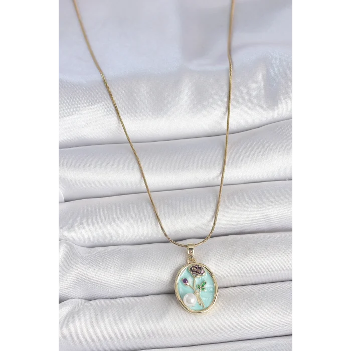 BUĞZ 316L Çelik Gold Renk Zincir Mavi Çiçek İşlemeli İnci Detay Portre Model Kadın Kolye - BUĞZ
