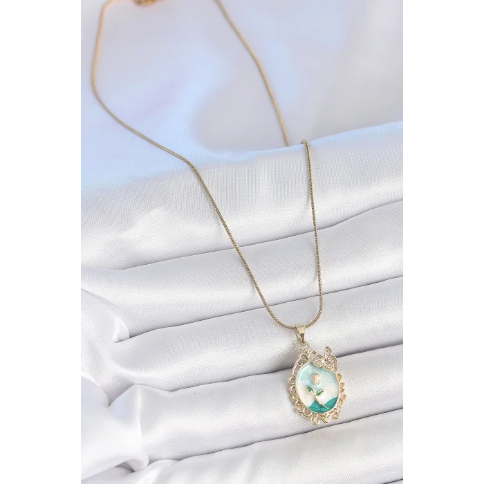 BUĞZ 316L Çelik Gold Renk Zincir Mavi Mineli Çiçek İşlemeli Zirkon Taş Detaylı Portre Model Kadın Kolye - BUĞZ