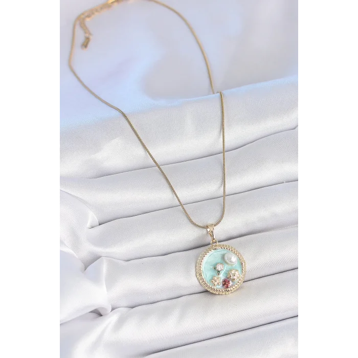 BUĞZ 316L Çelik Gold Renk Zincir Mavi Mineli İnci Çiçek İşlemeli Zirkon Taş Detaylı Madalyon Model Kadın Kolye - BUĞZ