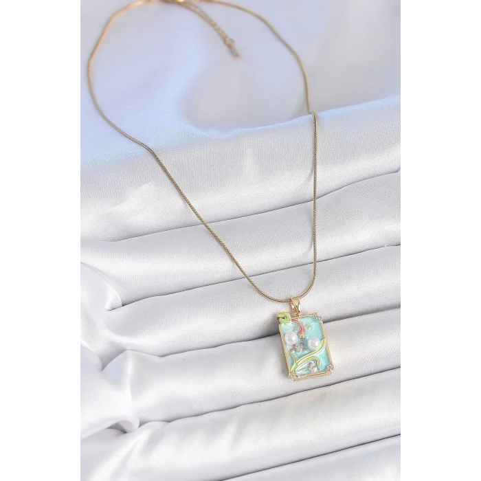 BUĞZ 316L Çelik Gold Renk Zincir Mavi Mineli İncili Çiçek İşlemeli Portre Model Kadın Kolye - BUĞZ