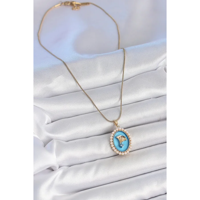 BUĞZ 316L Çelik Gold Renk Zincir Mavi Mineli İncili Zirkon Taşlı Çiçek İşlemeli Portre Model Kadın Kolye
