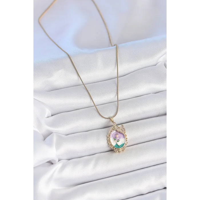 BUĞZ 316L Çelik Gold Renk Zincir Mix Renk Mineli Çiçek İşlemeli Zirkon Taş Detaylı Portre Model Kadın Kolye - BUĞZ