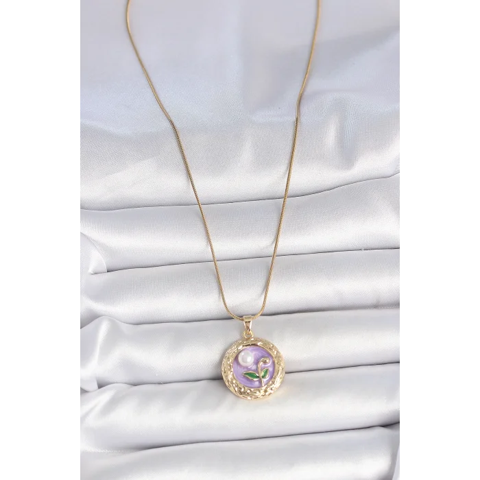 BUĞZ 316L Çelik Gold Renk Zincir Mor Çiçek İşlemeli İnci Detay Potre Model Kadın Kolye - BUĞZ