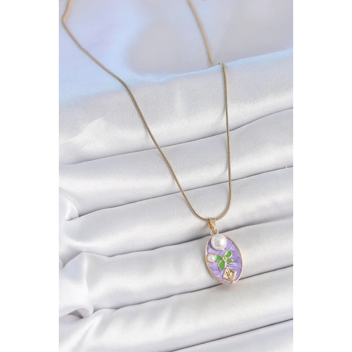 BUĞZ 316L Çelik Gold Renk Zincir Mor Mineli Oval İncili Çiçek İşlemeli Portre Model Kadın Kolye - BUĞZ
