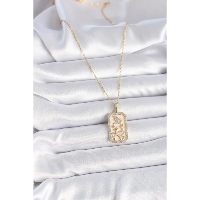 BUĞZ 316L Çelik Gold Renk Zincir Oğlak Burcu Zirkon Taşlı Kadın Kolye - BUĞZ