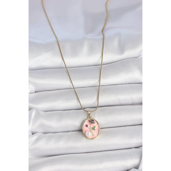 BUĞZ 316L Çelik Gold Renk Zincir Pembe Çiçek İşlemeli İnci Detay Portre Model Kadın Kolye - BUĞZ