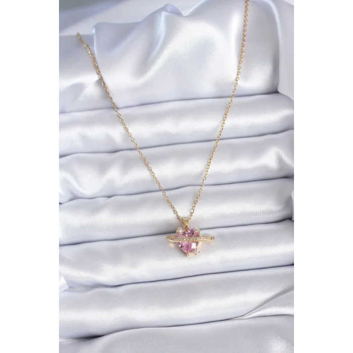 BUĞZ 316L Çelik Gold Renk Zincir Pembe Kristal Kalp Model Zirkon Taş Detay Kadın Kolye