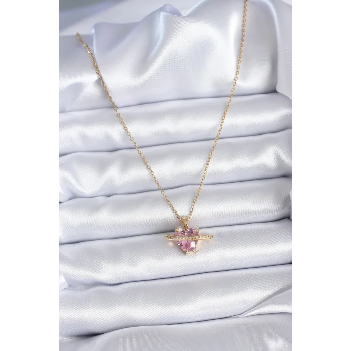 BUĞZ 316L Çelik Gold Renk Zincir Pembe Kristal Kalp Model Zirkon Taş Detay Kadın Kolye - Lisinya