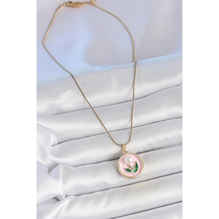 BUĞZ 316L Çelik Gold Renk Zincir Pembe Mineli İncili Çiçek İşlemeli Portre Model Kadın Kolye